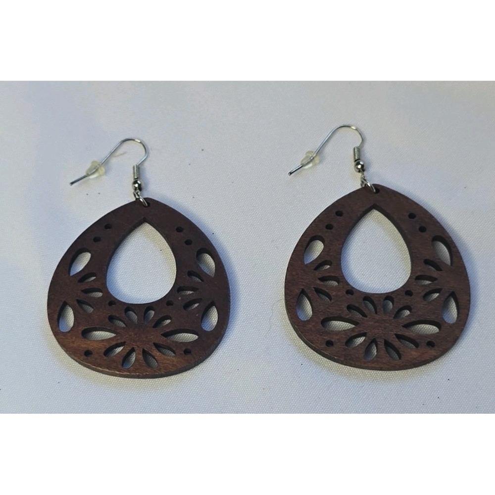 Dark Brown Laser Cut Wood Teardrop Earrings Handmade